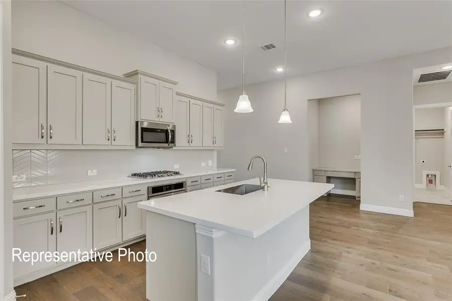 Spacious kitchen featuring a central island with an undermount sink, stainless steel appliances, light gray cabinetry, quartz countertops, and wood-finish flooring