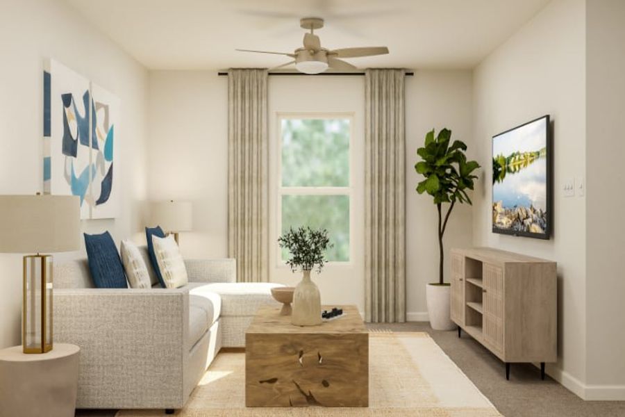 A living room with a couch and a table. A living room with a couch and a table.