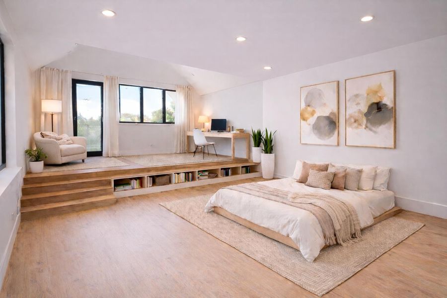 Generous primary suite designed for comfort and relaxation, with space for a sitting area or workspace and private balcony access for a quiet retreat.