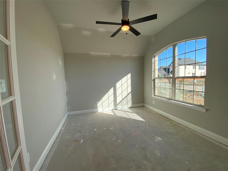 Study with French doors & ceiling fan (light greige carpet not installed yet) Study with French doors & ceiling fan (light greige carpet not installed yet)