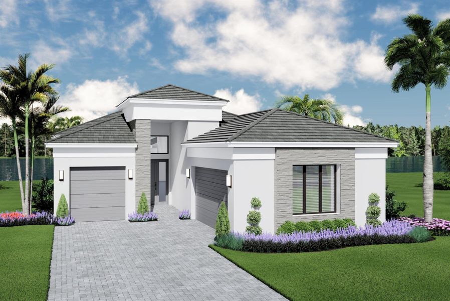 Front exterior of a new home in Valencia Del Mar, Boynton Beach, FL, highlighting curb appeal (Image 1).