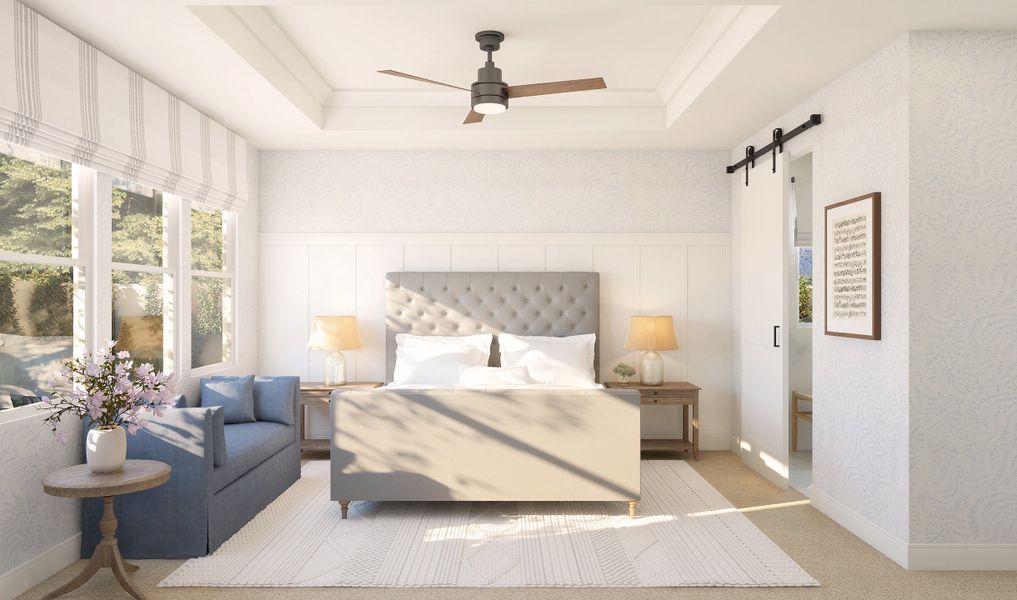 Primary suite with tray ceiling and decorative feature wall Primary suite with tray ceiling and decorative feature wall