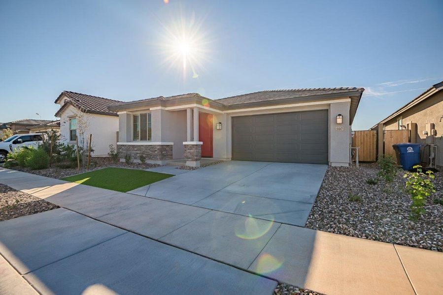 Front exterior of a new home in Mesquite at North Creek, Queen Creek, AZ, highlighting curb appeal (Image 27).