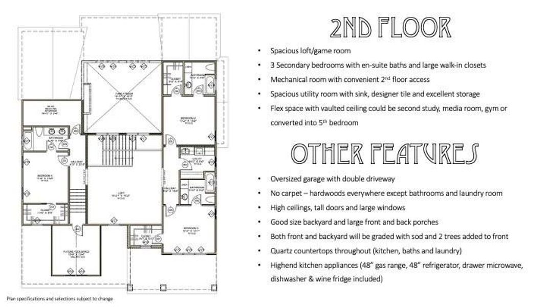 Second floor features 3 additional bedrooms with en suite bathrooms and walk in closets, game room, vaulted flex room, mechanical room (storage room) and  laundry room.