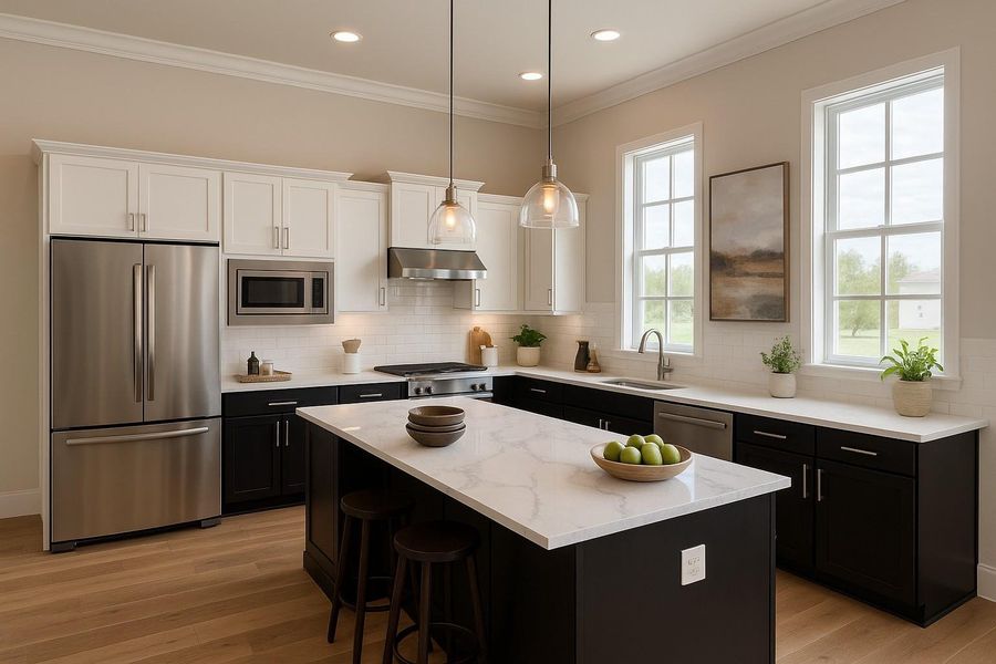 Big and Bright Kitchen - Calcutta Quartz Countertops.  Cabinetry is Furniture Grade - Soft Close Drawers and Doors w/Hardware (Virtual Staged Picture-  Also Fridge and Pendant Lights were virtually added)