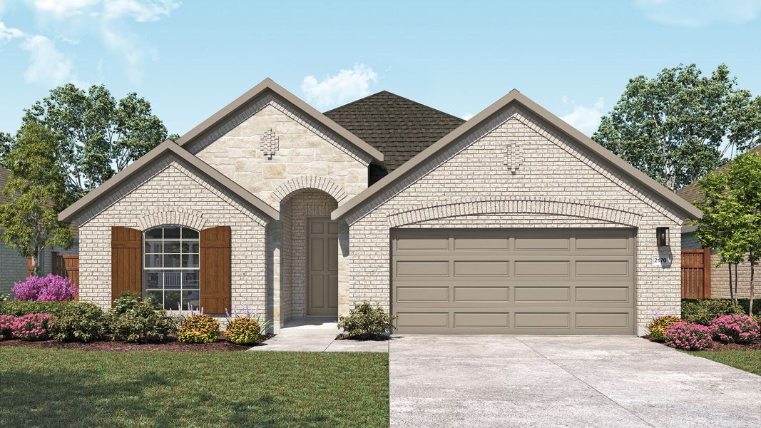 Representative exterior photo of a completed home built from the Juniper by DRB Homes in Devine Landing, Leander, TX (Image 2). Representative exterior photo of a completed home built from the Juniper by DRB Homes in Devine Landing, Leander, TX (Image 2).