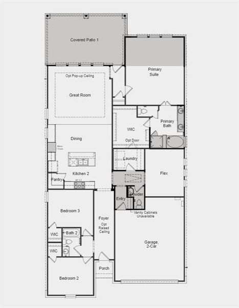 Structural options added include: Extended primary bedroom and covered outdoor living 1, optional powder room, gourmet kitchen 2 raised ceiling at foyer,12'' pop up ceiling gathering room and optional slide in tub at primary bathroom.