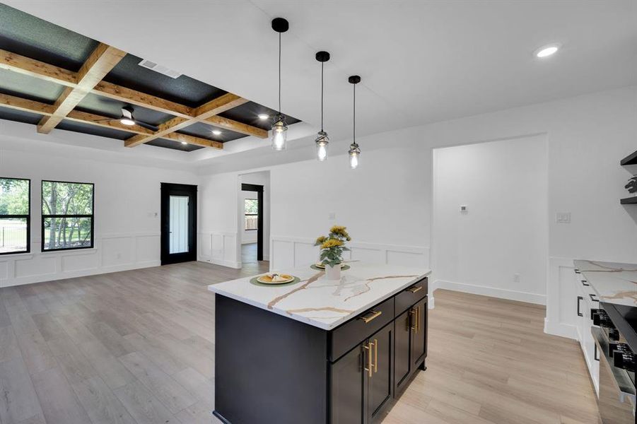Cook's kitchen with DESIGNER QUARTZ countertops and beautiful gold hardware.