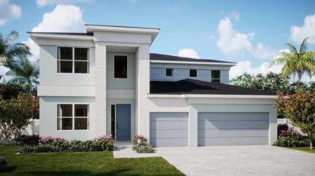 Front exterior of a new home in Arden: The Providence Collection, Loxahatchee, FL, highlighting curb appeal (Image 1).