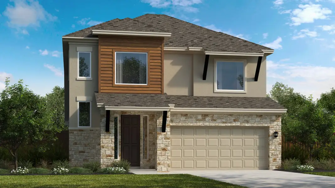 Front exterior of a new home in Crown Ridge Manor, San Antonio, TX, highlighting curb appeal (Image 1). Front exterior of a new home in Crown Ridge Manor, San Antonio, TX, highlighting curb appeal (Image 1).