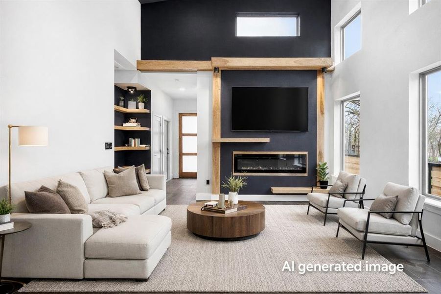 Living room featuring a high ceiling, healthy amount of natural light, and a glass covered fireplace: AI Generated Staging