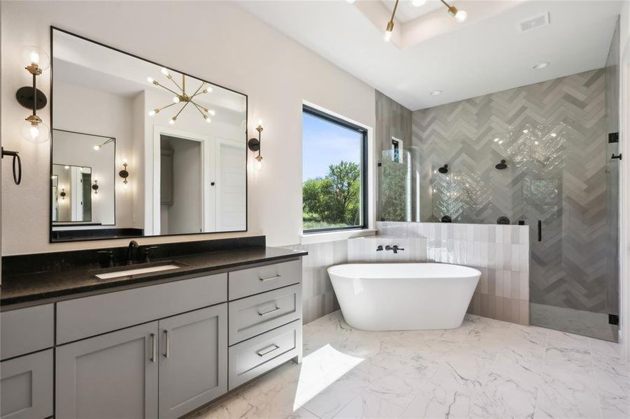 Gorgeous walk-in shower and luxurious master soaking tub