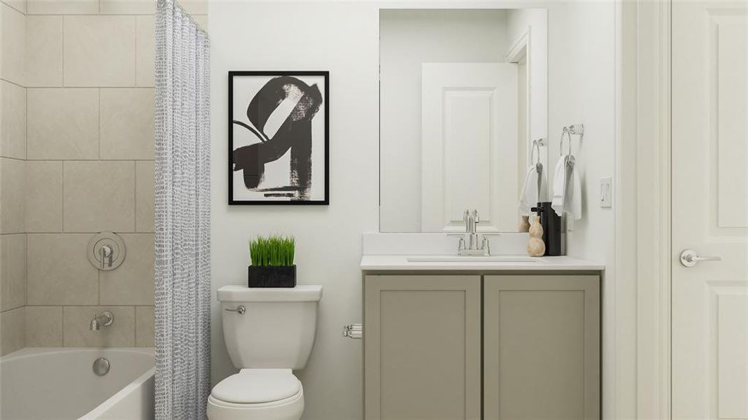 Full bathroom featuring shower / tub combo with curtain and vanity Full bathroom featuring shower / tub combo with curtain and vanity