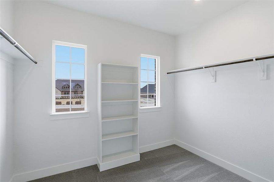Walk in closet featuring dark carpet