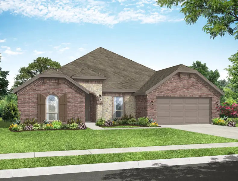 Representative exterior photo of a completed home built from the Hampton by Impression Homes in Still Water Lake Estates, Godley, TX (Image 8). Representative exterior photo of a completed home built from the Hampton by Impression Homes in Still Water Lake Estates, Godley, TX (Image 8).