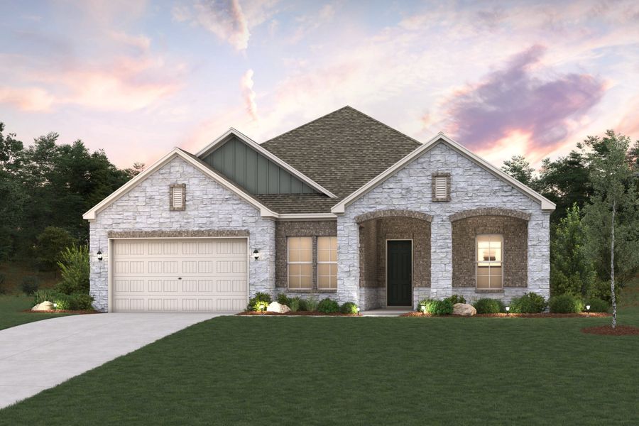 Front exterior of a new home in The Estates Collection at Overland Grove, Forney, TX, highlighting curb appeal (Image 1).