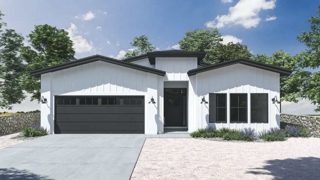Front exterior of a new home in Emerald Estates, El Paso, TX, highlighting curb appeal (Image 1). Front exterior of a new home in Emerald Estates, El Paso, TX, highlighting curb appeal (Image 1).
