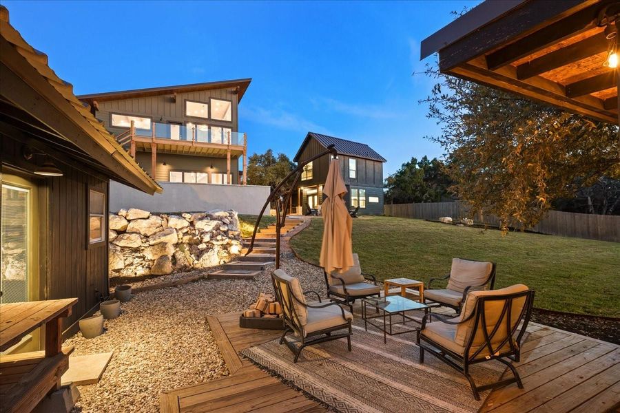 Cabin: View of main house and guest house from deck