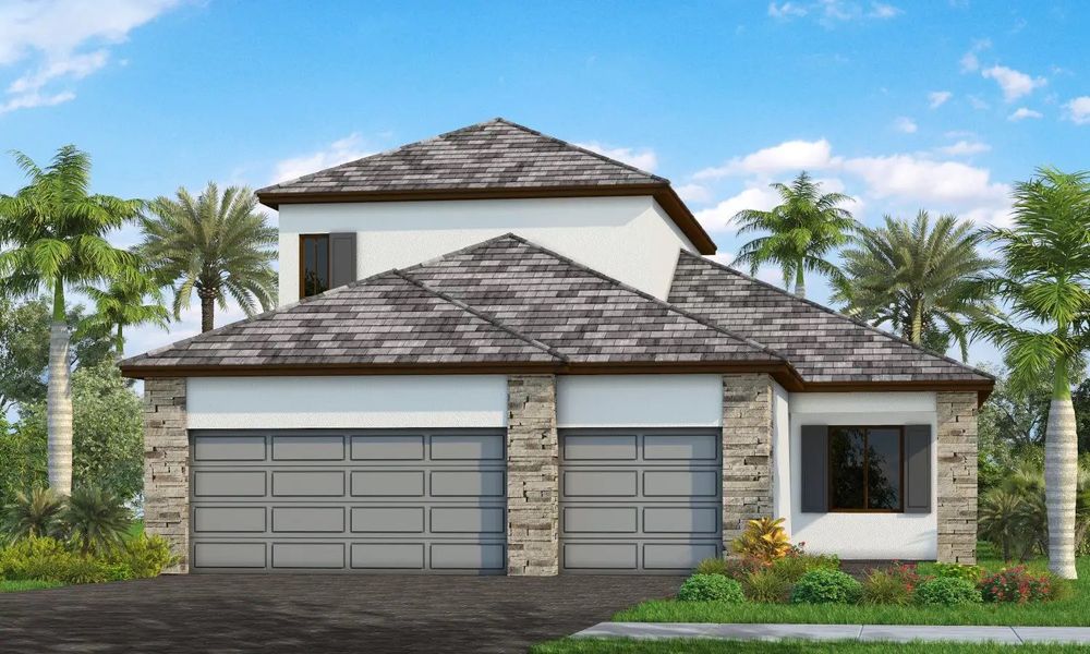 Front exterior of a new home in Palm Grove, Lakewood Ranch, FL, highlighting curb appeal (Image 1). Front exterior of a new home in Palm Grove, Lakewood Ranch, FL, highlighting curb appeal (Image 1).