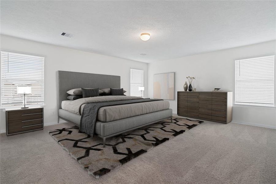 What a wonderful place to come home to, this stunning primary suite greets you with gorgeous plush carpet, custom paint, high ceiling, lighting, lovely windows with blinds allowing in natural light brightening up this spacious primary bedroom!