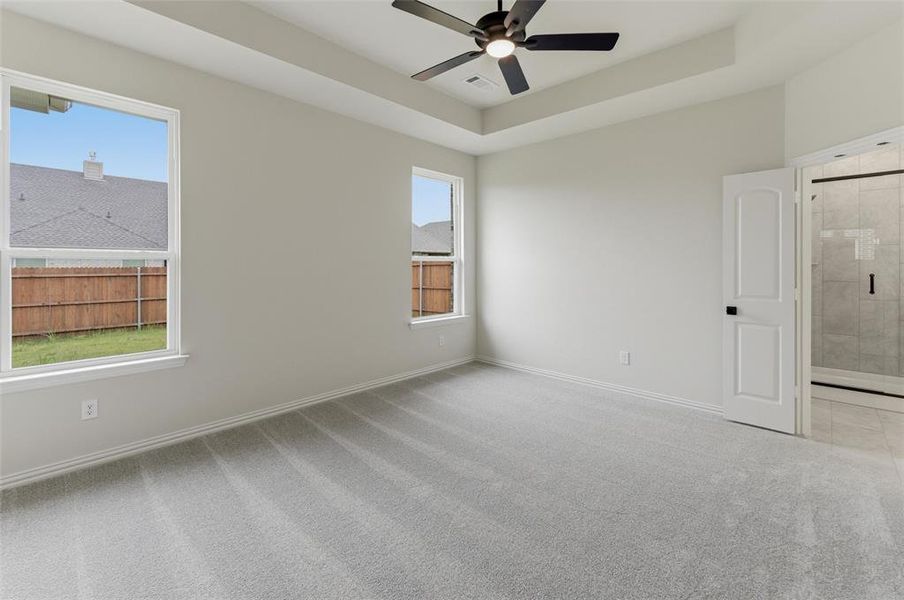 Spacious room featuring light gray carpet, multiple windows, a tray ceiling, and a ceiling fan