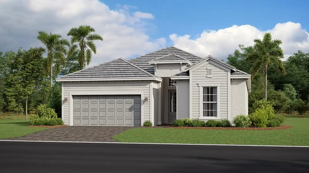Front exterior of a new home in Webbs Reserve at Babcock Ranch, Punta Gorda, FL, highlighting curb appeal (Image 1). Front exterior of a new home in Webbs Reserve at Babcock Ranch, Punta Gorda, FL, highlighting curb appeal (Image 1).