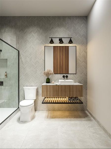 Bathroom with tile walls, vanity, tile patterned floors, and a shower with door