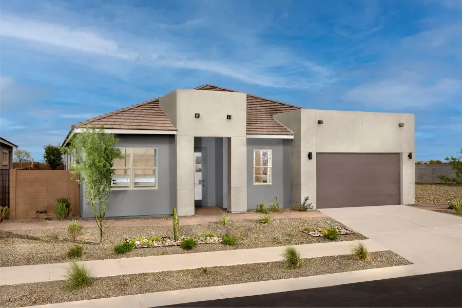 Front exterior of a new home in Miravida, Surprise, AZ, highlighting curb appeal (Image 2). Front exterior of a new home in Miravida, Surprise, AZ, highlighting curb appeal (Image 2).