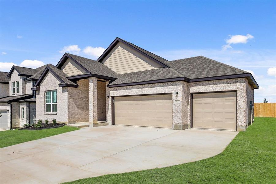 Front exterior of a new home in Rocky Creek Crossing, Fort Worth, TX, highlighting curb appeal (Image 2). Front exterior of a new home in Rocky Creek Crossing, Fort Worth, TX, highlighting curb appeal (Image 2).