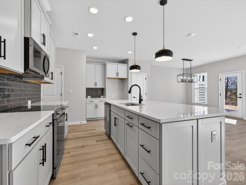 Frost cabinets with quartz countertops, soft close doors & drawers, sold shelving in pantry.