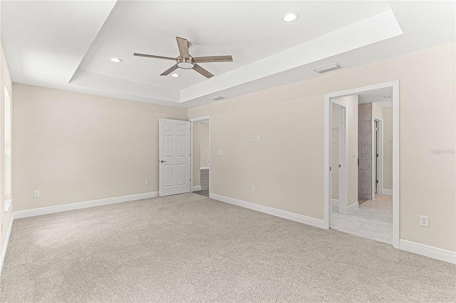 Prinary suite wth plenty of natural light, ceiling fan and tray ceiling