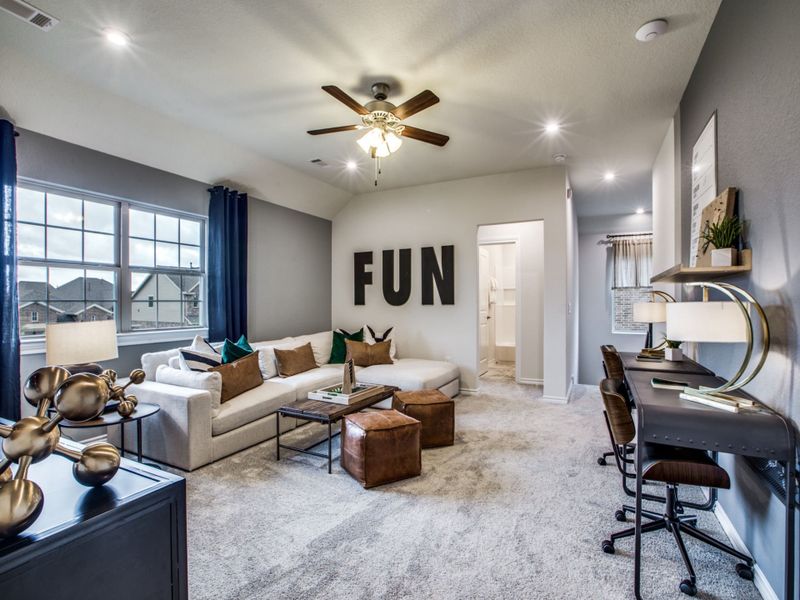 Spacious game room with large windows