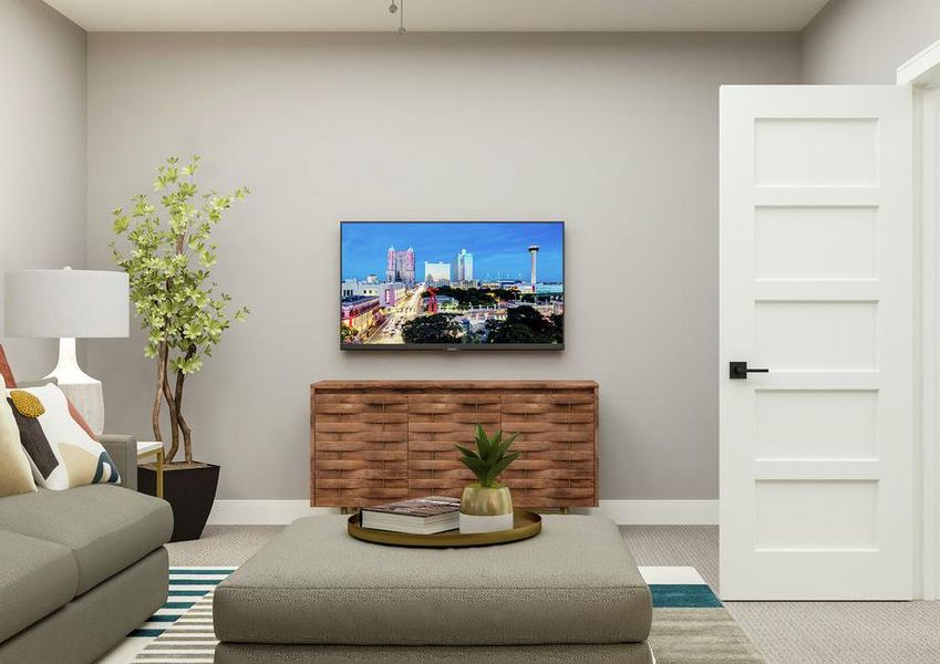 Rendering of the loft space showing a
  grey couch and ottoman sitting in front of a large wood buffet and mounted
  tv.