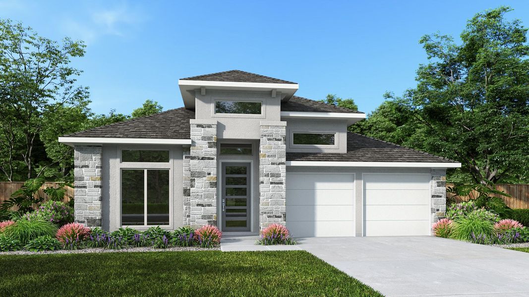 Front exterior of a new home in Parkside on the River West, Georgetown, TX, highlighting curb appeal (Image 1). Front exterior of a new home in Parkside on the River West, Georgetown, TX, highlighting curb appeal (Image 1).