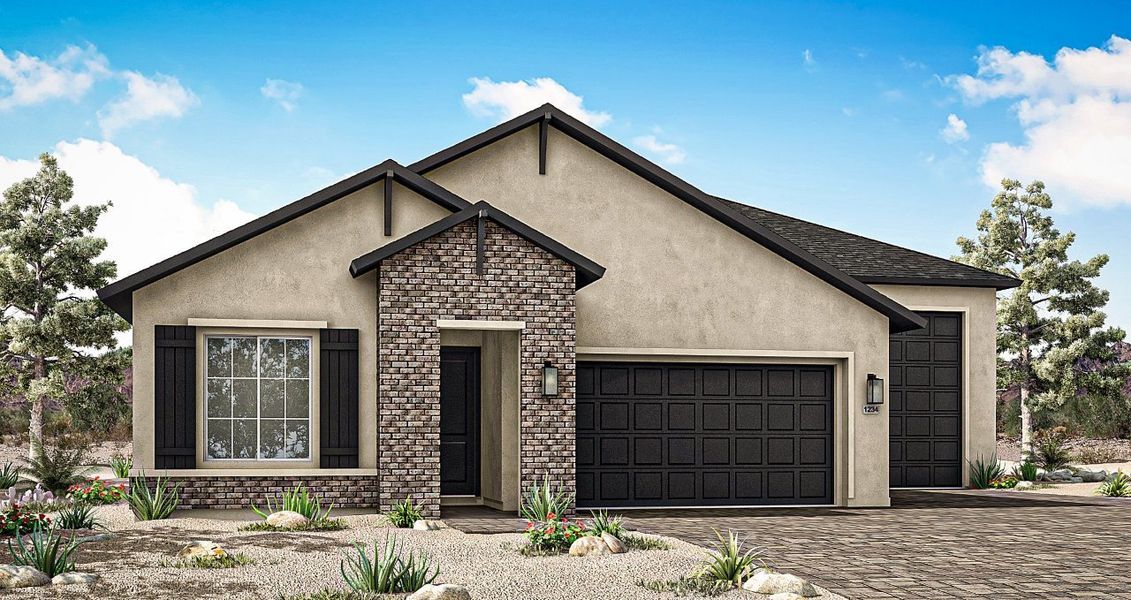 Front exterior of a new home in Horizon at The Dells, Prescott, AZ, highlighting curb appeal (Image 22). Front exterior of a new home in Horizon at The Dells, Prescott, AZ, highlighting curb appeal (Image 22).
