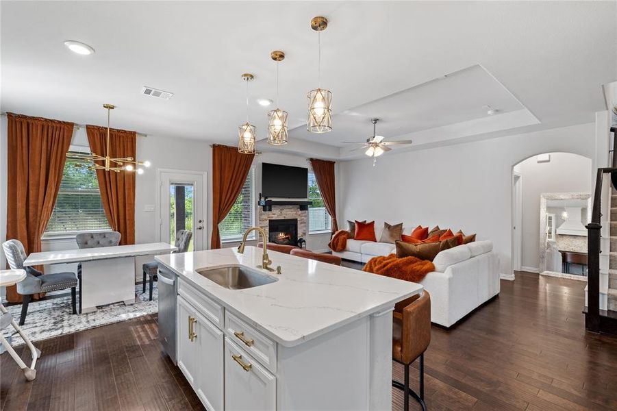 Open-concept living area featuring a kitchen island with sink and gold-finish faucet, a stacked stone fireplace, dark wood-finish flooring, and a tray ceiling