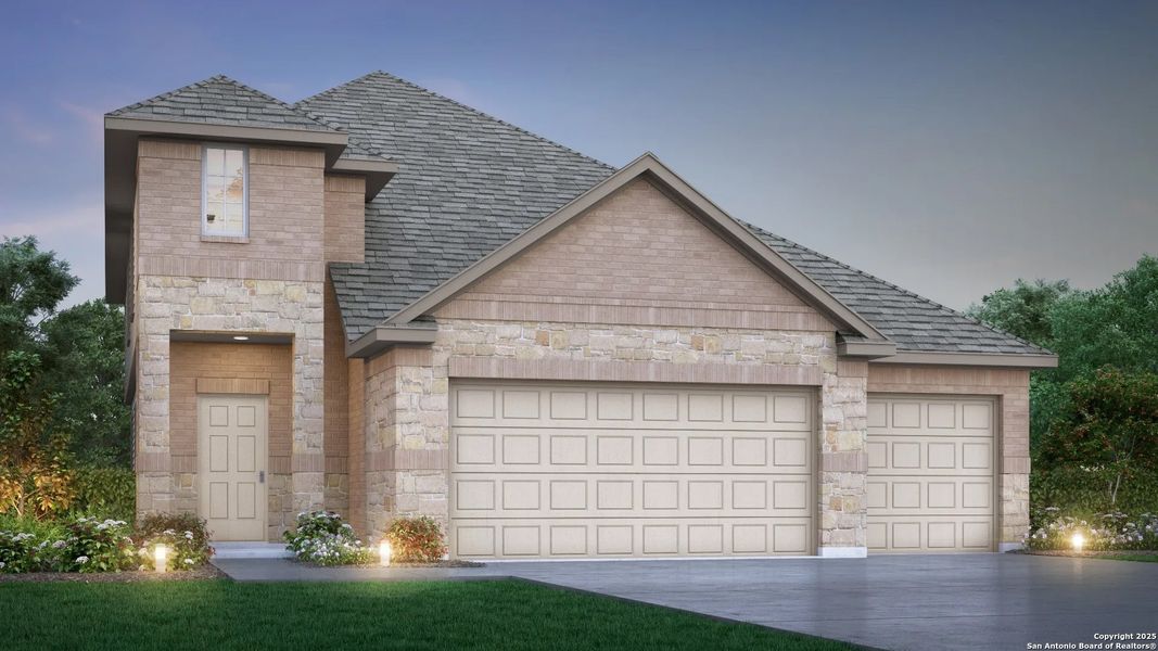Front exterior of a new home in Hunters Ranch, San Antonio, TX, highlighting curb appeal (Image 21). Front exterior of a new home in Hunters Ranch, San Antonio, TX, highlighting curb appeal (Image 21).