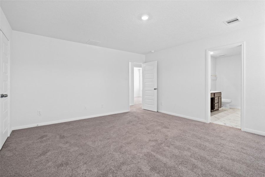 Additional view primary suite highlighting view into the primary bathroom and on the left are the doors to spacious closet. Additional view primary suite highlighting view into the primary bathroom and on the left are the doors to spacious closet.