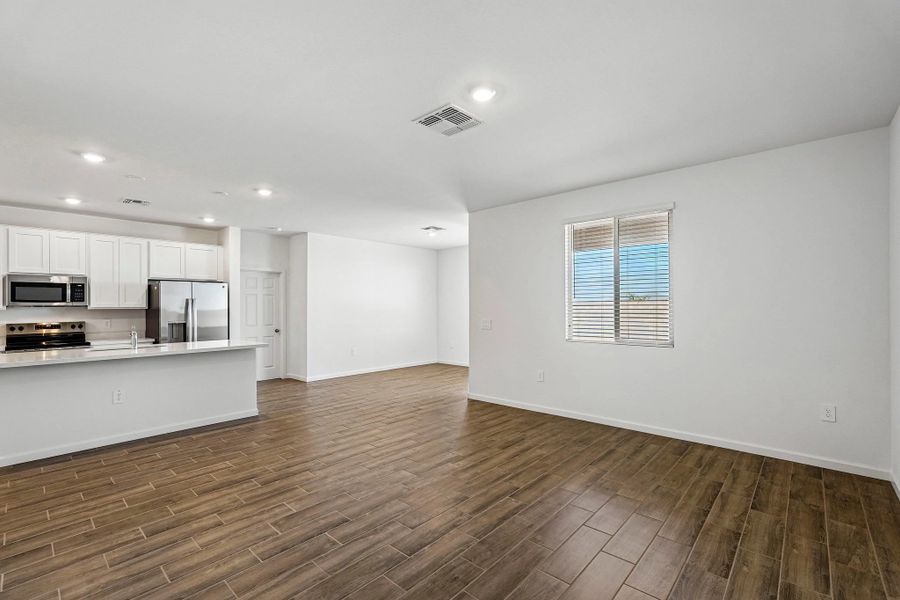 Great room, kitchen and dining