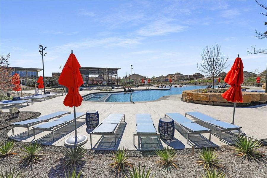 Expansive pool deck with multiple swimming areas, integrated spa, and concrete hardscaping