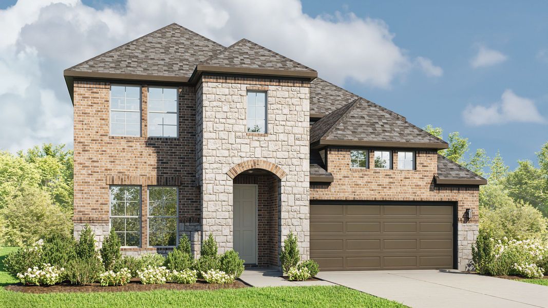 Representative exterior photo of a completed home built from the Elm by DRB Homes in Wildflower Ranch, Fort Worth, TX (Image 2). Representative exterior photo of a completed home built from the Elm by DRB Homes in Wildflower Ranch, Fort Worth, TX (Image 2).