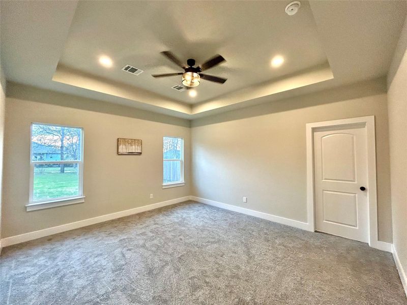 Primary bedroom with tray ceiling.