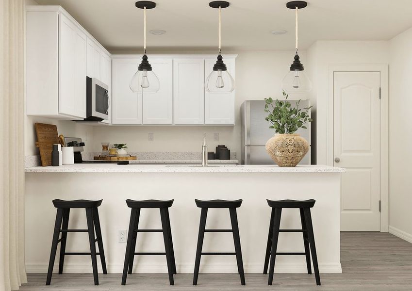 Rendering of a  kitchen with stainless-steel appliances and white cabinetry. There are also  four black stools at the counter.