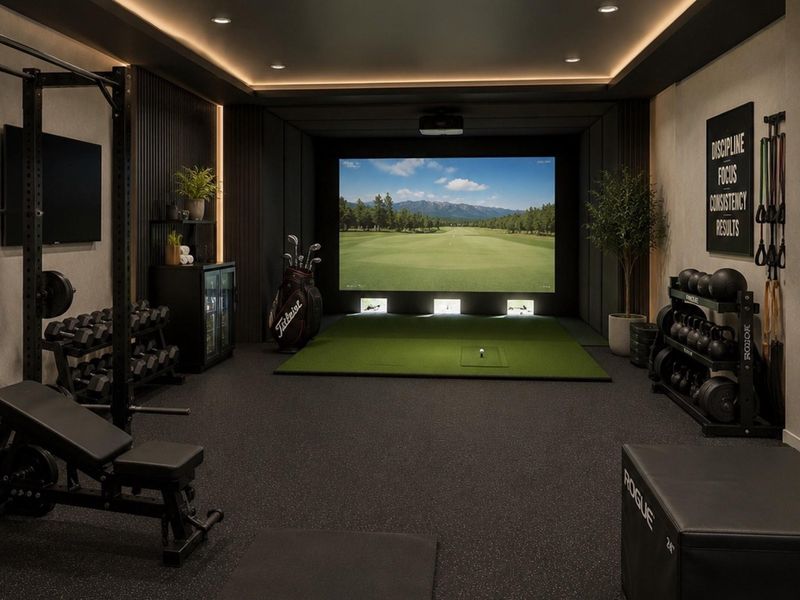 Virtual rendering of garage as a golf simulator, in-house gym. Virtual rendering of garage as a golf simulator, in-house gym.