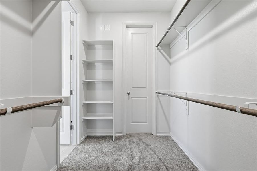 Spacious closet featuring light colored carpet