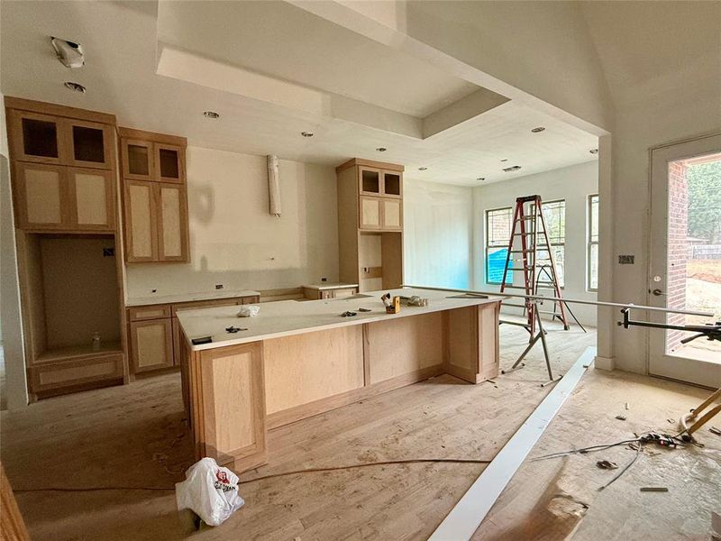 Kitchen with light brown cabinetry, a center island, and a tray ceiling