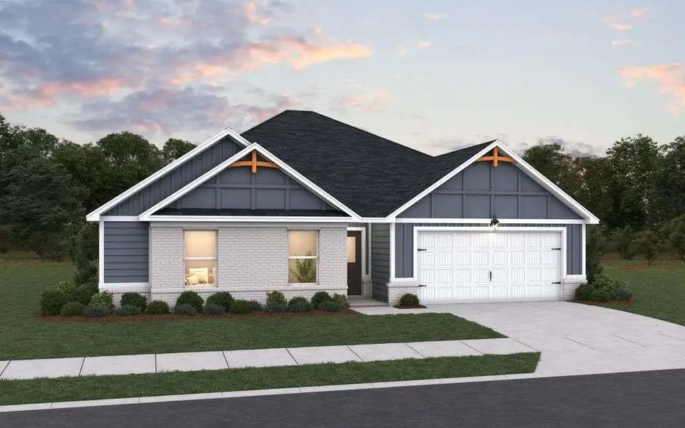 Front exterior of a new home in The Woodlands Preserve, Jackson, GA, highlighting curb appeal (Image 1).