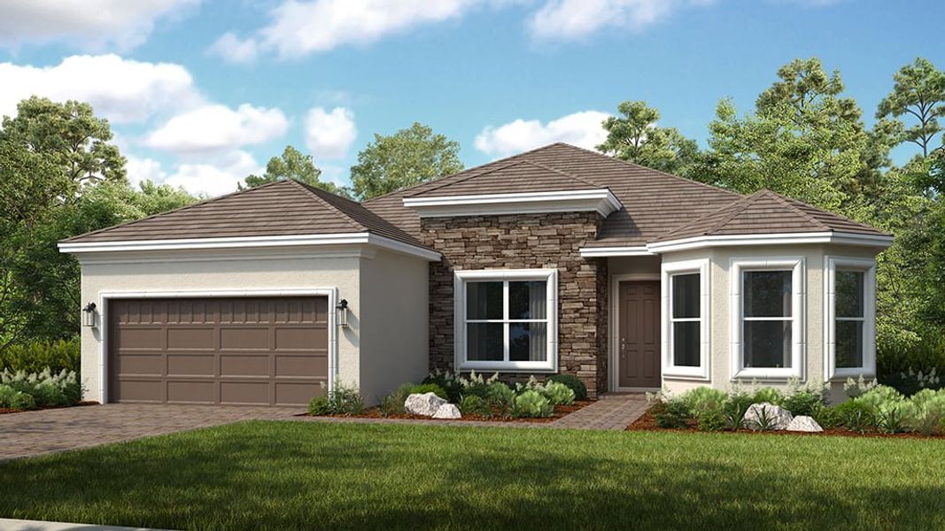 Representative exterior photo of a completed home built from the Ambra by Taylor Morrison in Esplanade at Tradition, Port St. Lucie, FL (Image 16).