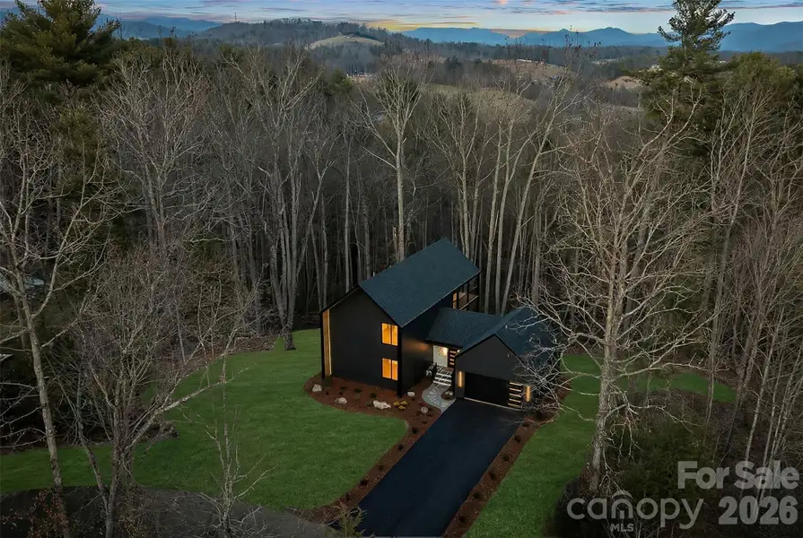 Aerial view showcasing privacy, wooded setting, and long-range mountain surroundings