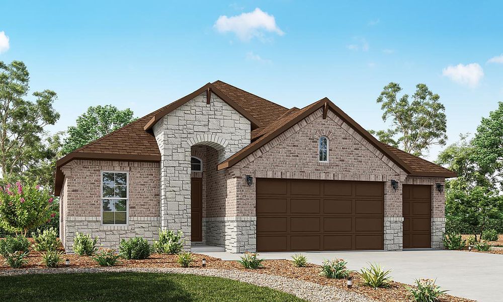 Representative exterior photo of a completed home built from the Verbena by Caldwell Homes in Chambers Creek, Willis, TX (Image 1). Representative exterior photo of a completed home built from the Verbena by Caldwell Homes in Chambers Creek, Willis, TX (Image 1).